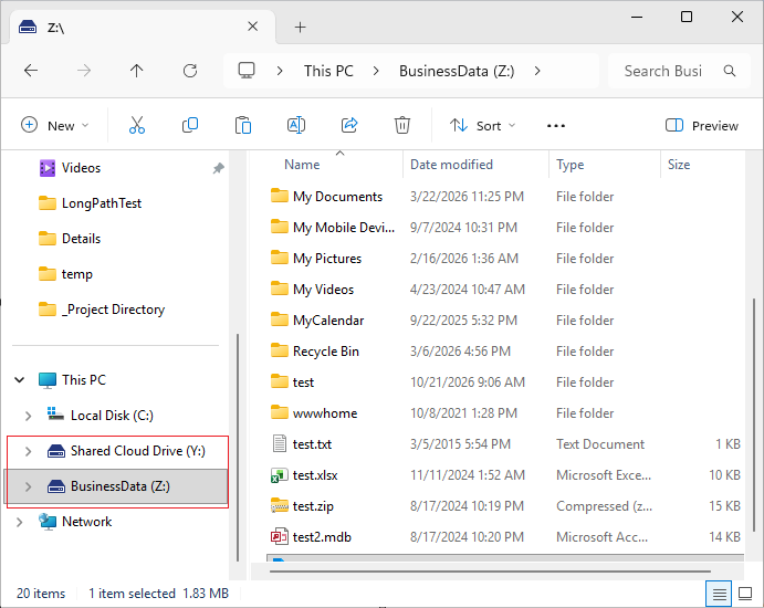 Mapped cloud drives shown in Windows File Explorer