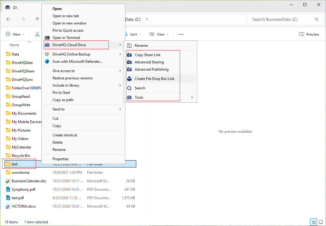 Accessing DriveHQ cloud features using the right-click menu in File Explorer