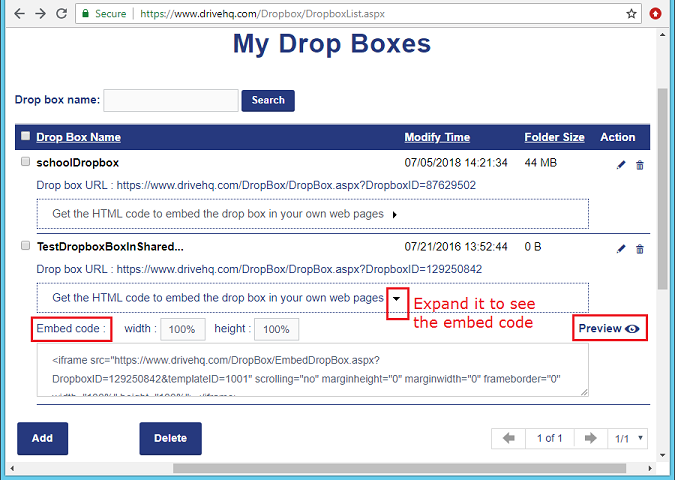 My File Drop Box List / Embed File Drop Box in web page