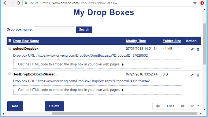 My File Drop Box List / Manage My File Drop Box Folders